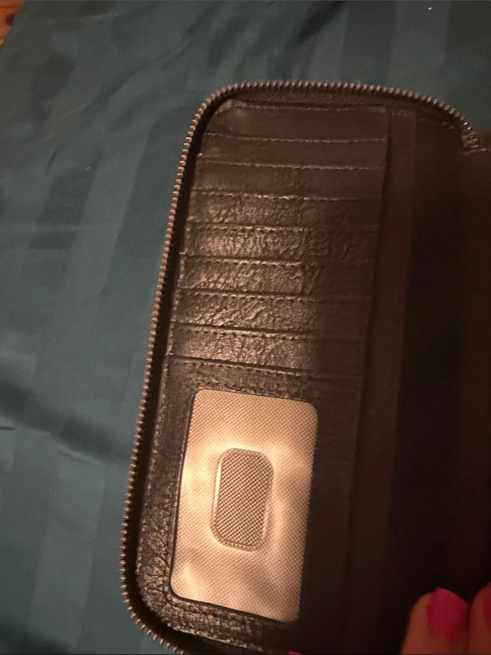 Fossil Black Leather Zip Wallet with Gold Accent Plate
